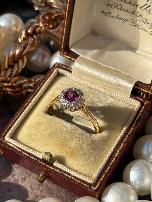 Vintage Ruby Light Tourmaline, and Diamond Ring in 18K Gold – A Rare Symphony of Color
