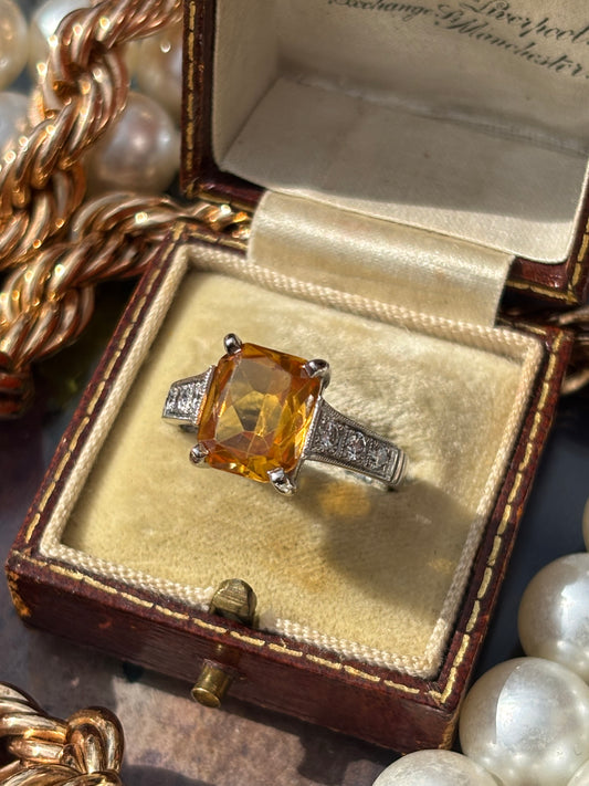 Vintage Platinum and Yellow Cushion cut Sapphire with Diamond Ring