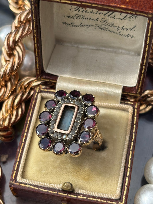 Stunning Vintage Garnet & Seeded Pearl, 9k Ring