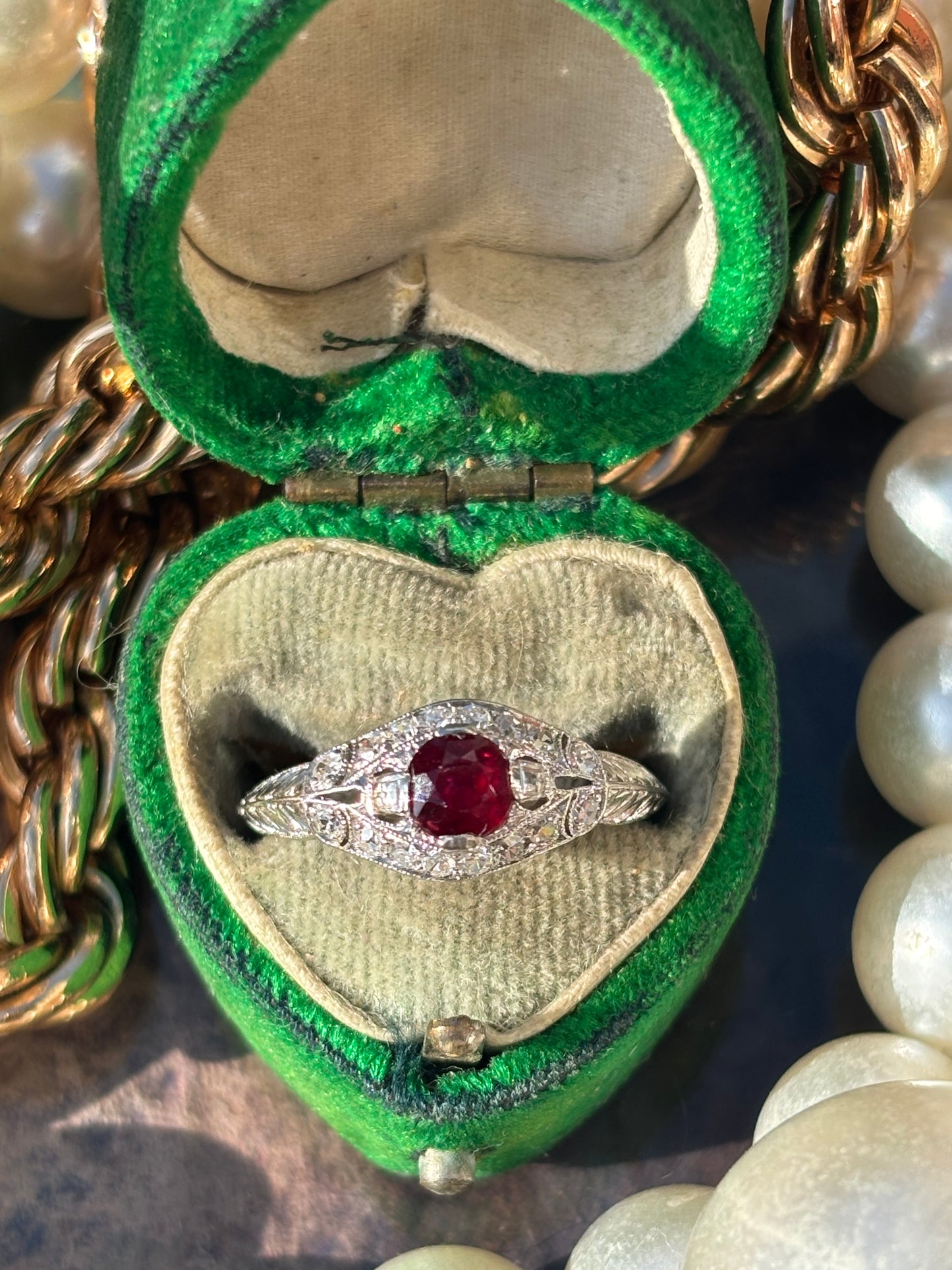 Vintage French Art Deco Natural Ruby & Diamond 18k & Platinum Ring