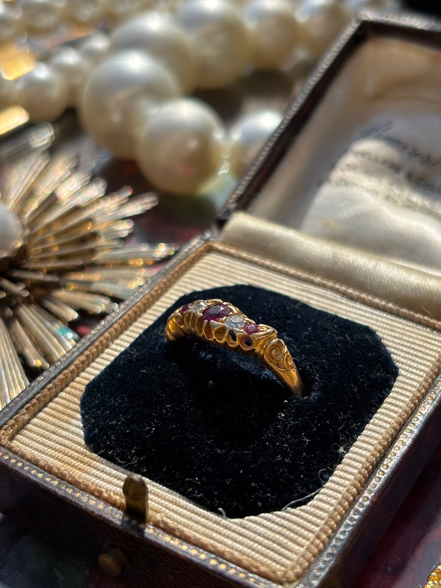 Antique Ruby & Diamond 5 Stone Ring, 18k Gold