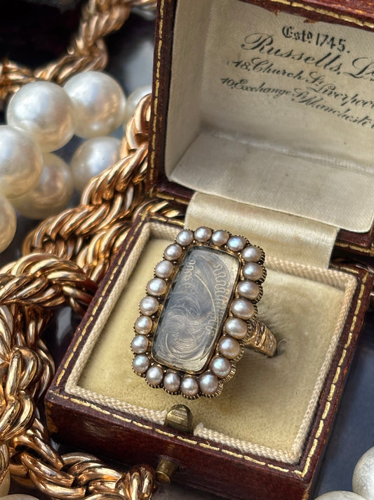 Vintage 9K Seed Pearl Mourning Ring with Hair Locket – A Timeless Tribute of Love and Memory
