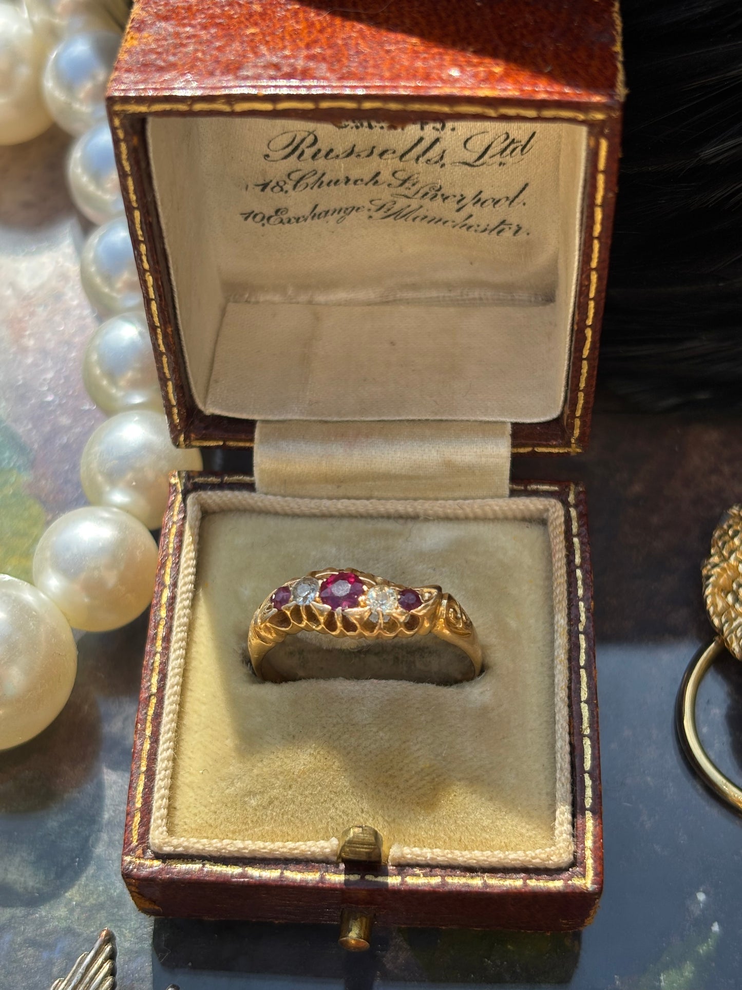 Antique Ruby & Diamond 5 Stone Ring, 18k Gold