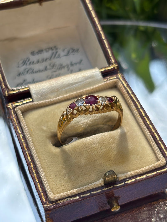 Antique Ruby & Diamond 5 Stone Ring, 18k Gold