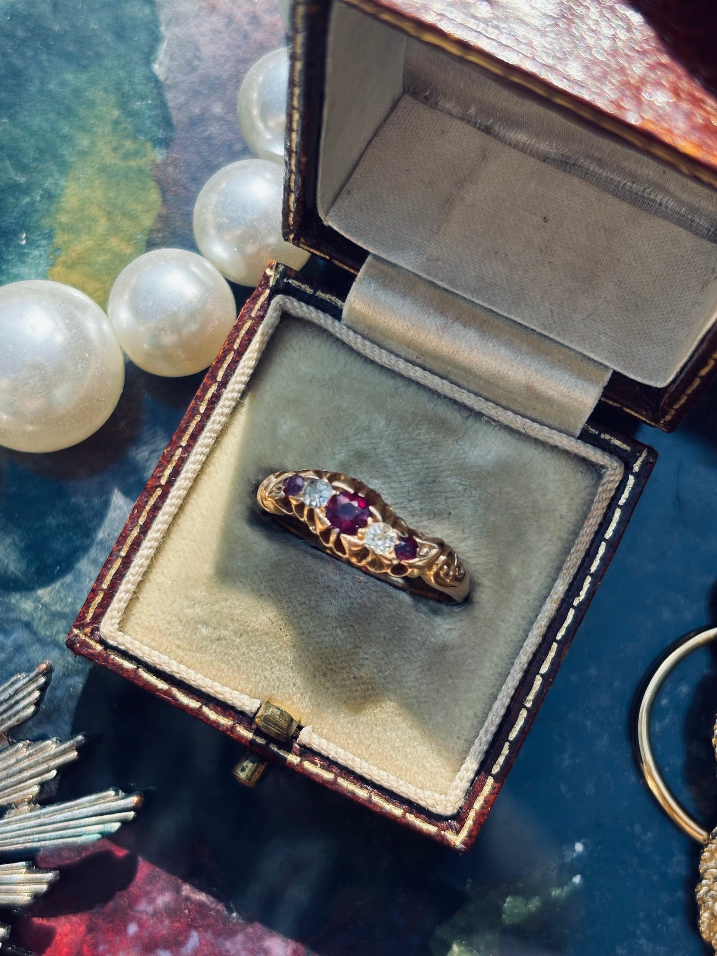 Antique Ruby & Diamond 5 Stone Ring, 18k Gold