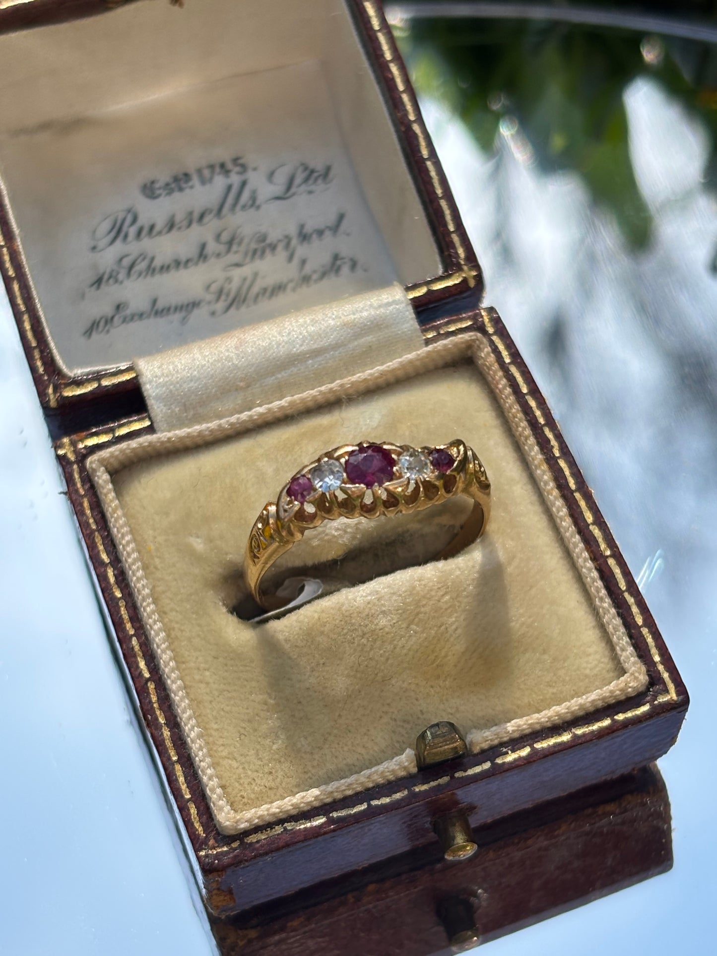 Antique Ruby & Diamond 5 Stone Ring, 18k Gold