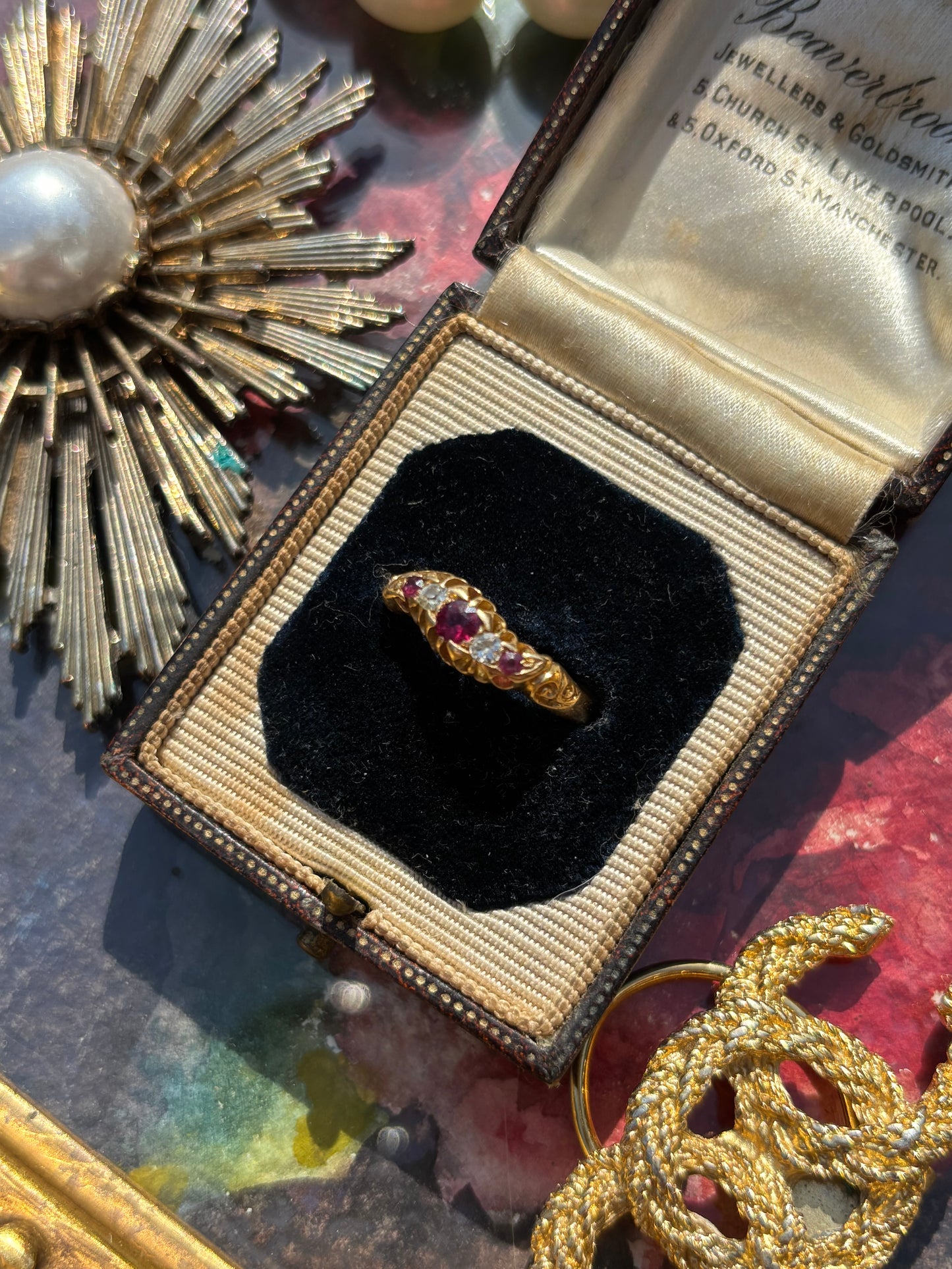 Antique Ruby & Diamond 5 Stone Ring, 18k Gold