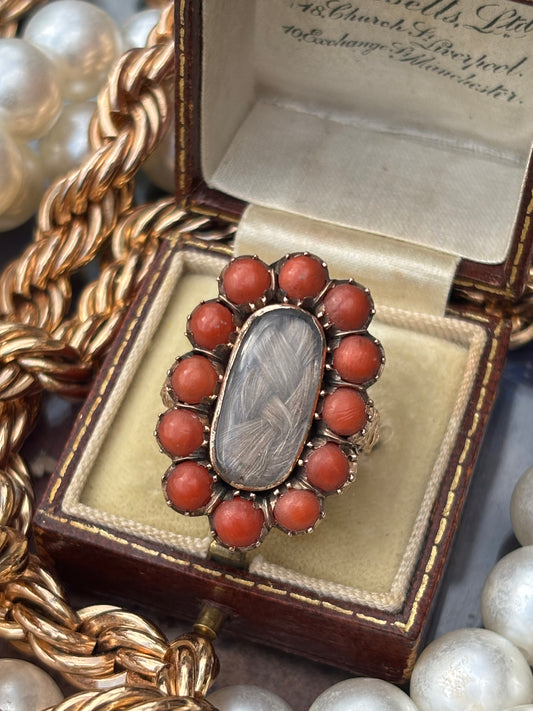 Vintage Coral Mourning Ring with Original Hairwork in 9K Gold – A Rare and Poignant Heirloom