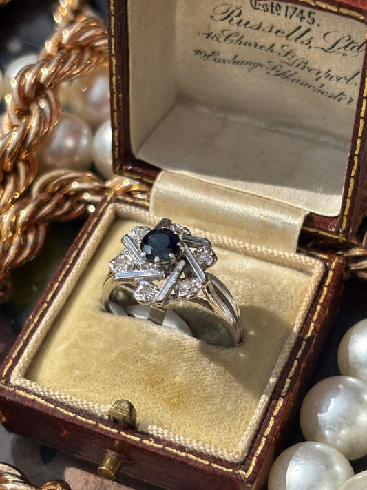 Vintage Metrix Flower, 18k Sapphire and Diamond Ring
