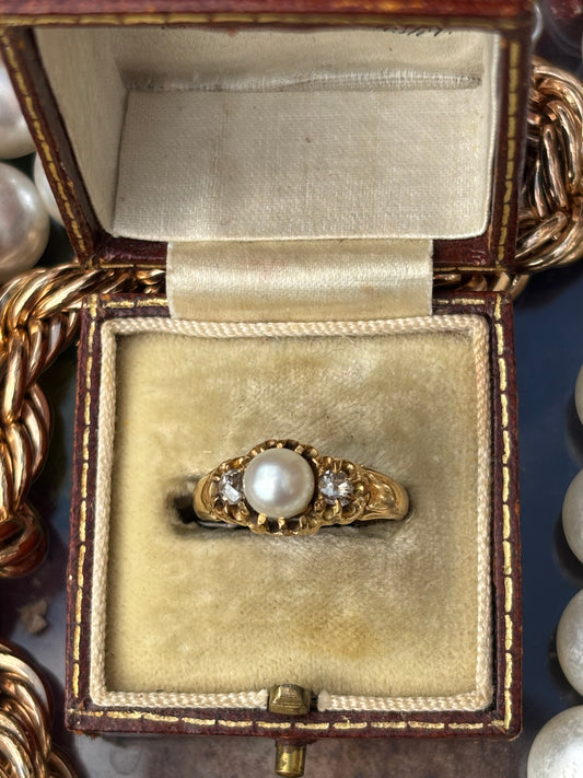 Vintage Natural Pearl & Diamond Ring, 18k