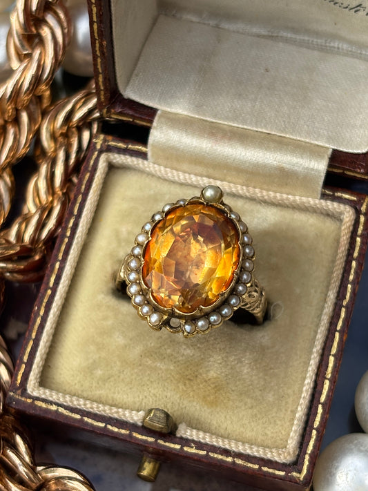 Elegant 9K Gold Citrine & Pearl Statement Ring