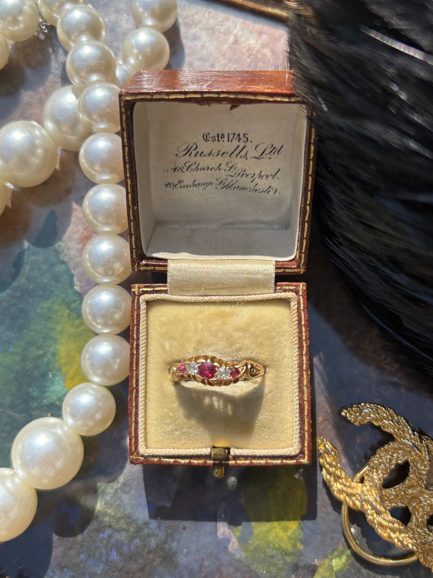 Antique Ruby & Diamond 5 Stone Ring, 18k Gold