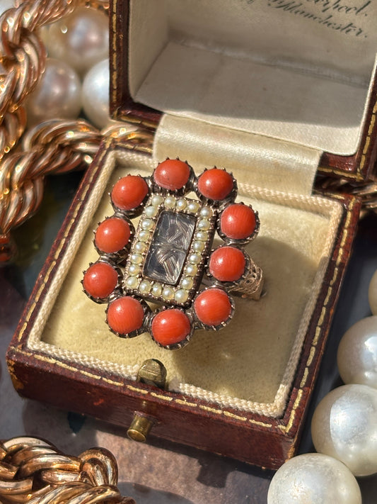 Vintage Natural Coral & Seeded Pearl Mourning Ring, 9k