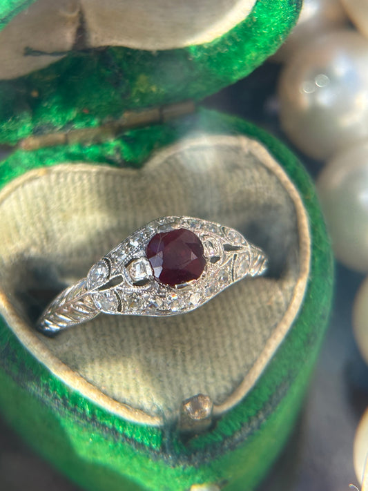 Vintage French Art Deco Natural Ruby & Diamond 18k & Platinum Ring