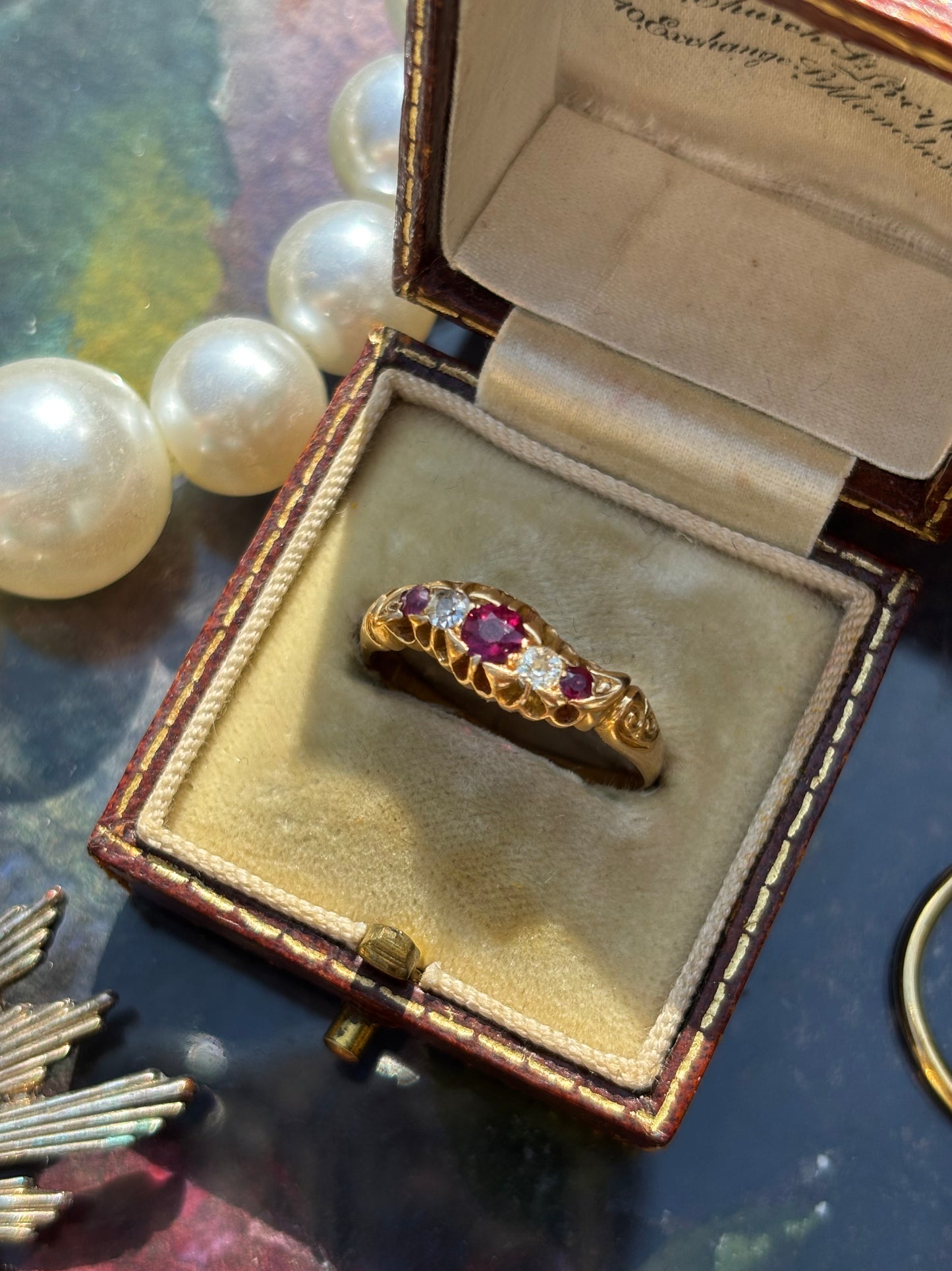 Antique Ruby & Diamond 5 Stone Ring, 18k Gold
