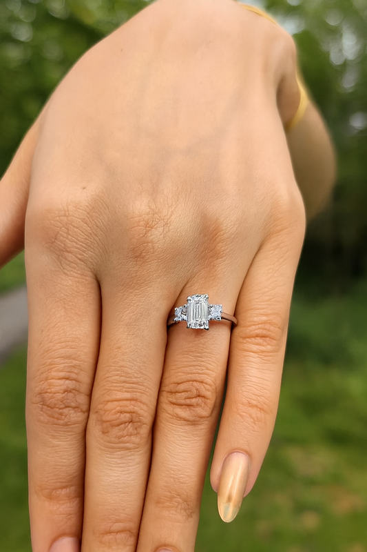 1.50 Carat D/ VS LG Emerald & Round Platinum Ring