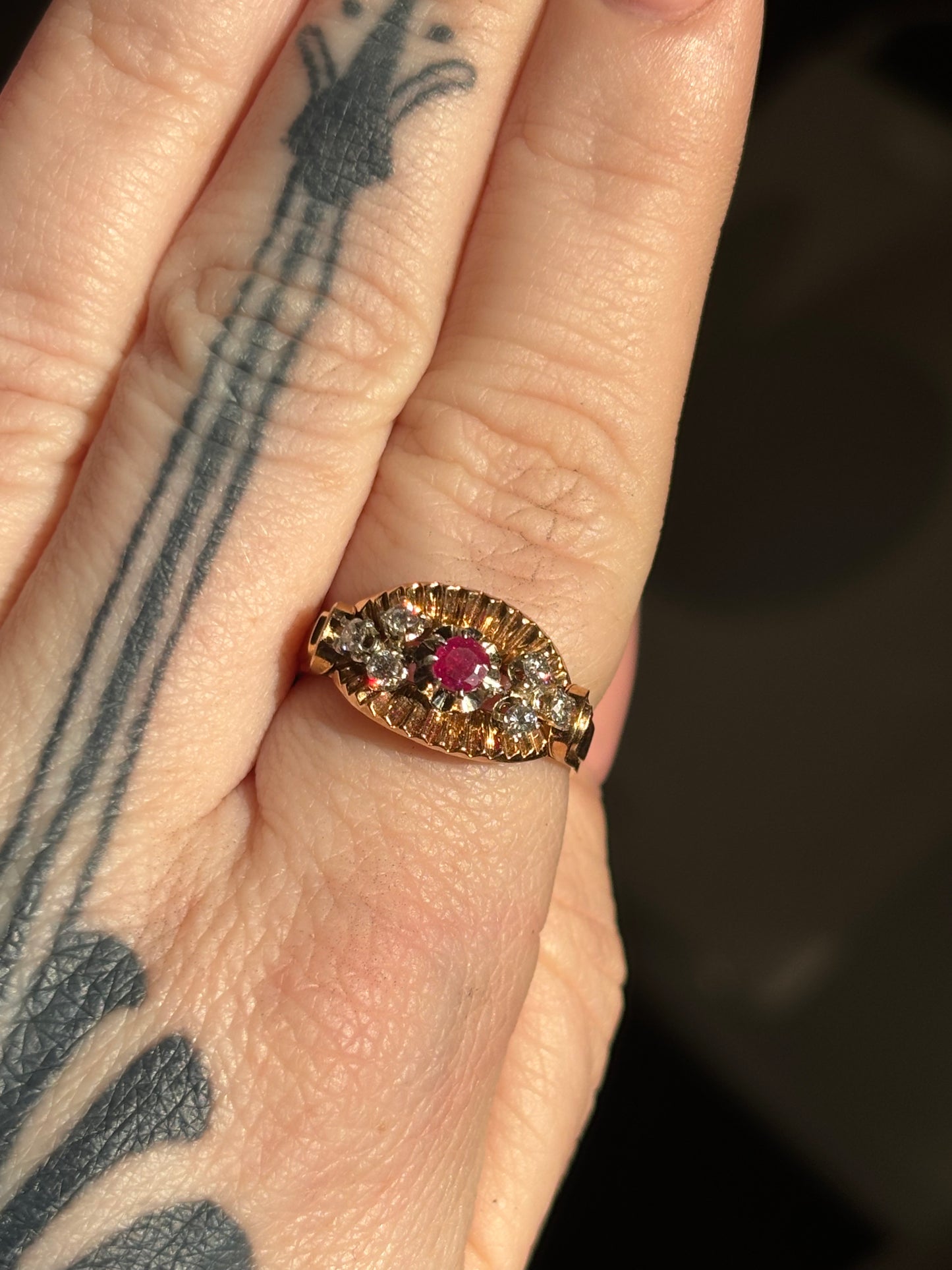 Antique Artisan Ruby & Diamond Ring, 18k Gold