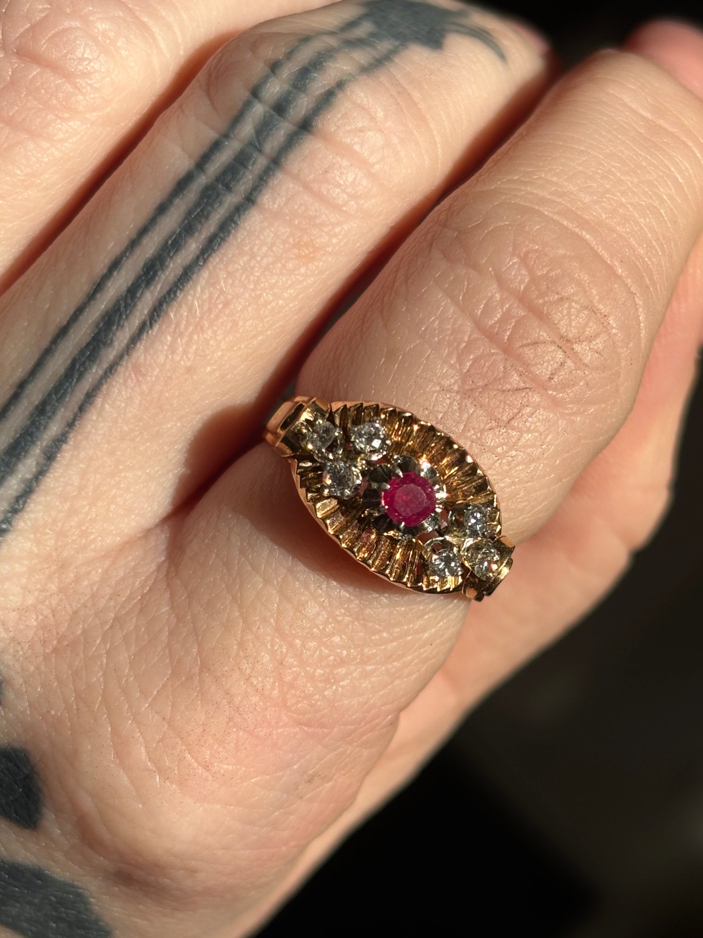 Antique Artisan Ruby & Diamond Ring, 18k Gold