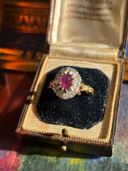 Vintage Cluster Ruby and Diamond Ring in 18K Gold – A Classic Expression of Elegance