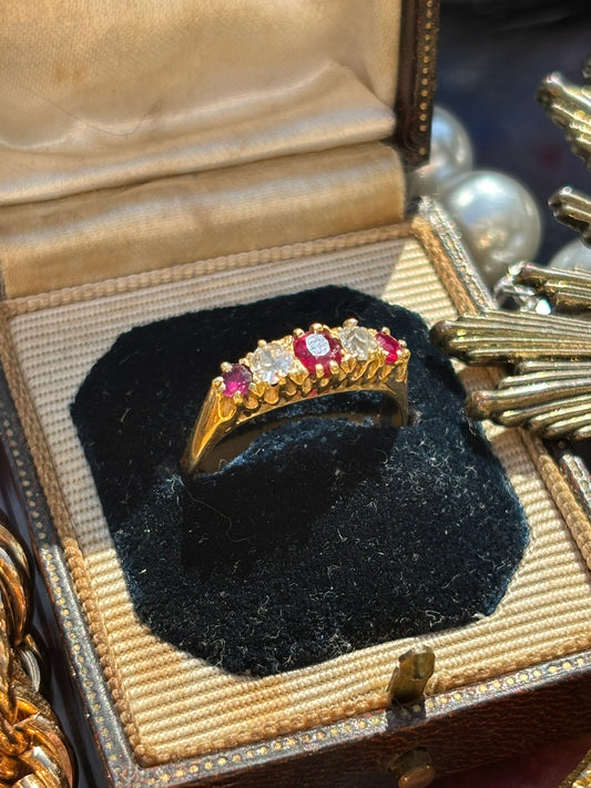 Antique Five Stone Diamond & Ruby Ring, 18k Gold