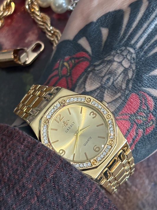 Grealy Quartz CZ Ladies Gold Coloured Retro Watch