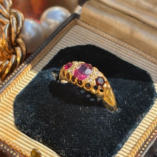 Victorian Ruby & Garnet Diamond Three Stone Ring