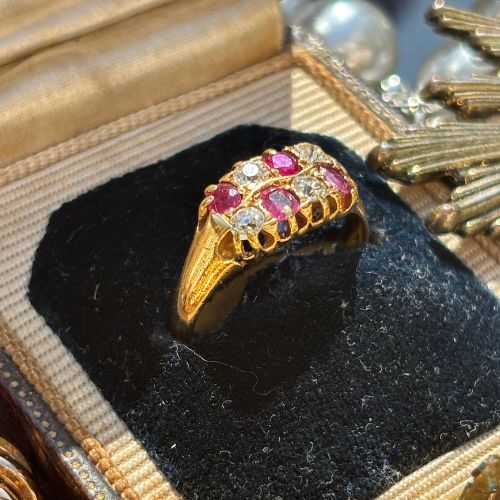 Antique Double Row Diamond & Ruby Ring, 18k Gold