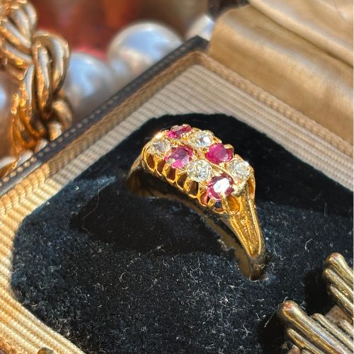 Antique Double Row Diamond & Ruby Ring, 18k Gold