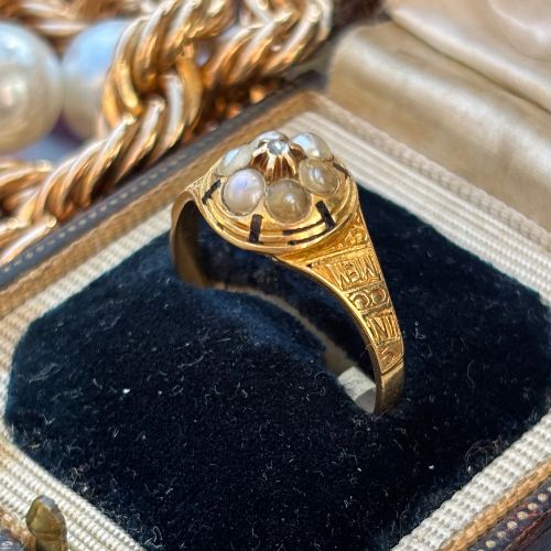 Georgian Mourning Ring with Seed Pearls & Rose-Cut Diamond