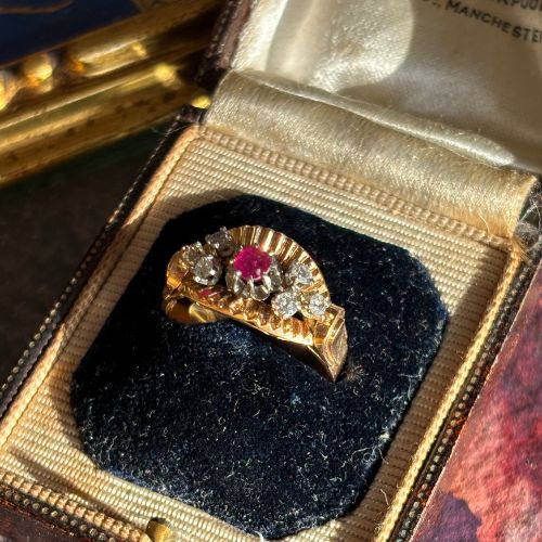 Antique Artisan Ruby & Diamond Ring, 18k Gold