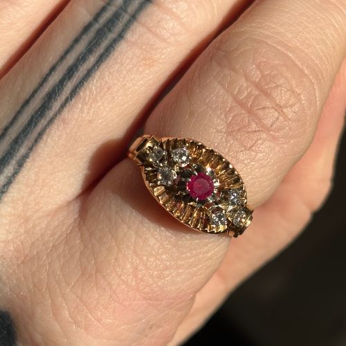 Antique Artisan Ruby & Diamond Ring, 18k Gold