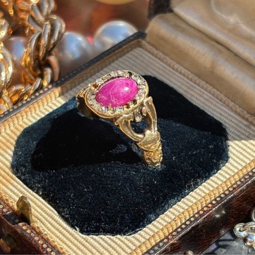 Antique Untouched Ornate Ruby & Rose-Cut Diamond Ring, 18k