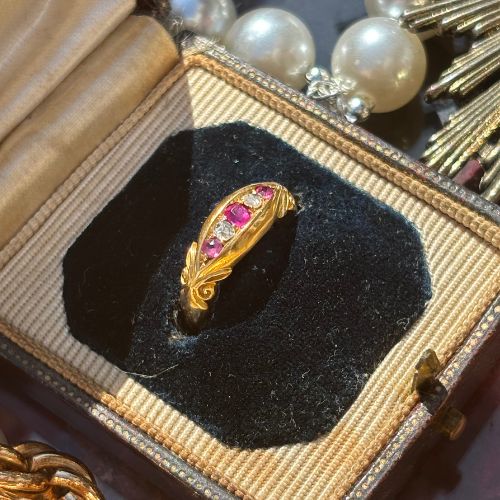 Antique Five Stone Ruby & Diamond Ring, 18ct Gold