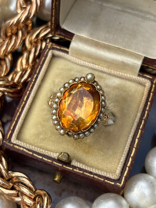 Elegant 9K Gold Citrine & Pearl Statement Ring