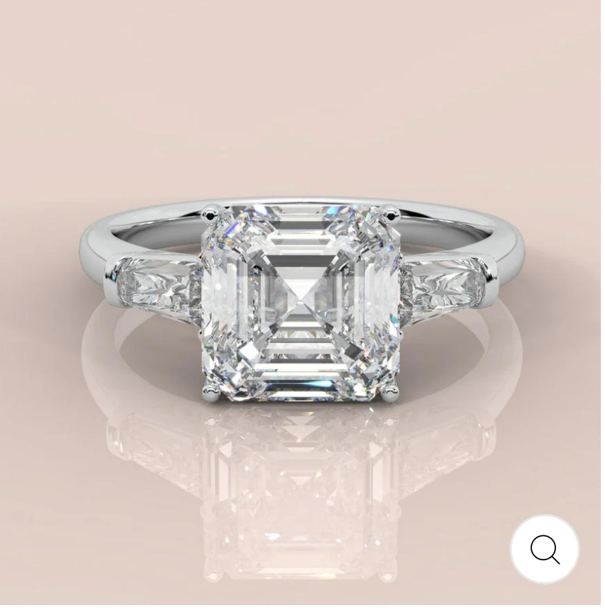 IGI CERTIFIED 2.50CT ASSCHER & DIAMOND TRILOGY RING PLATINUM