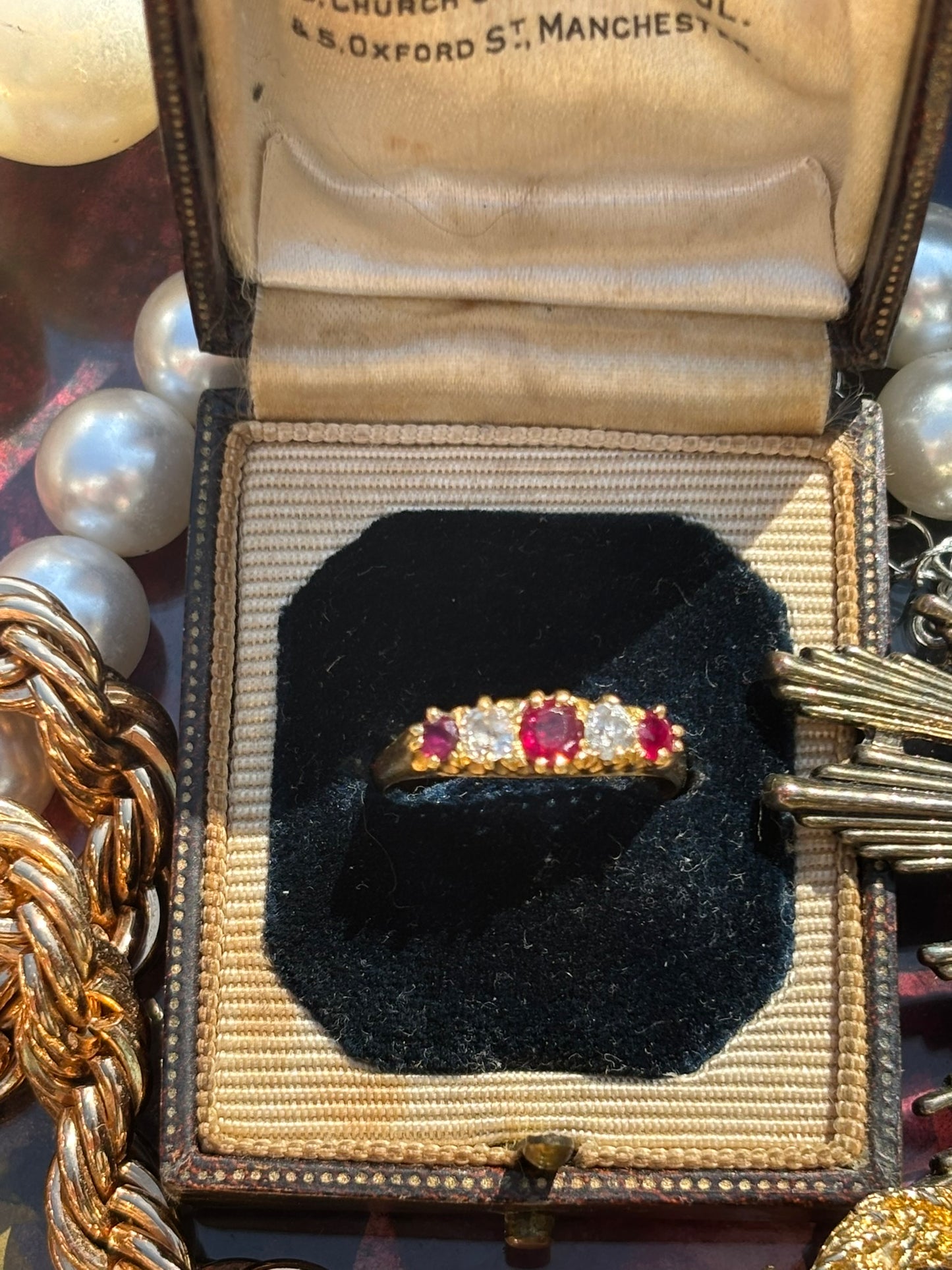Antique Five Stone Diamond & Ruby Ring, 18k Gold