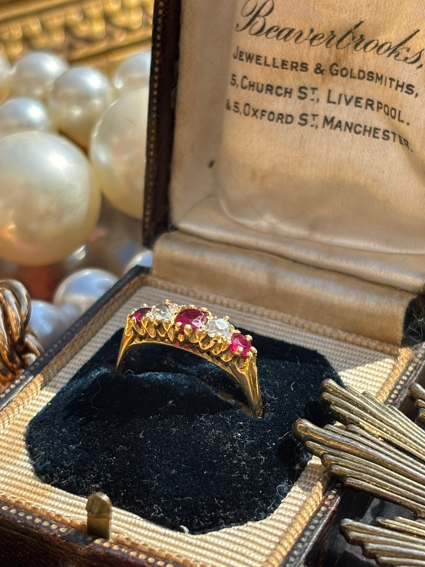 Antique Five Stone Diamond & Ruby Ring, 18k Gold