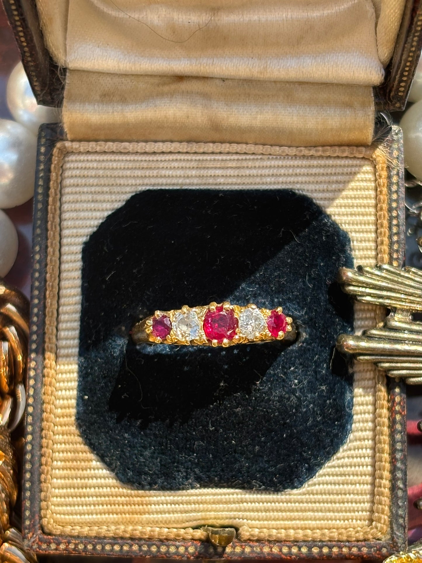 Antique Five Stone Diamond & Ruby Ring, 18k Gold