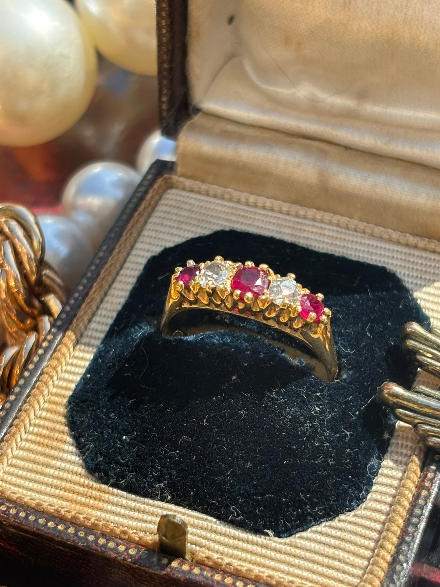 Antique Five Stone Diamond & Ruby Ring, 18k Gold