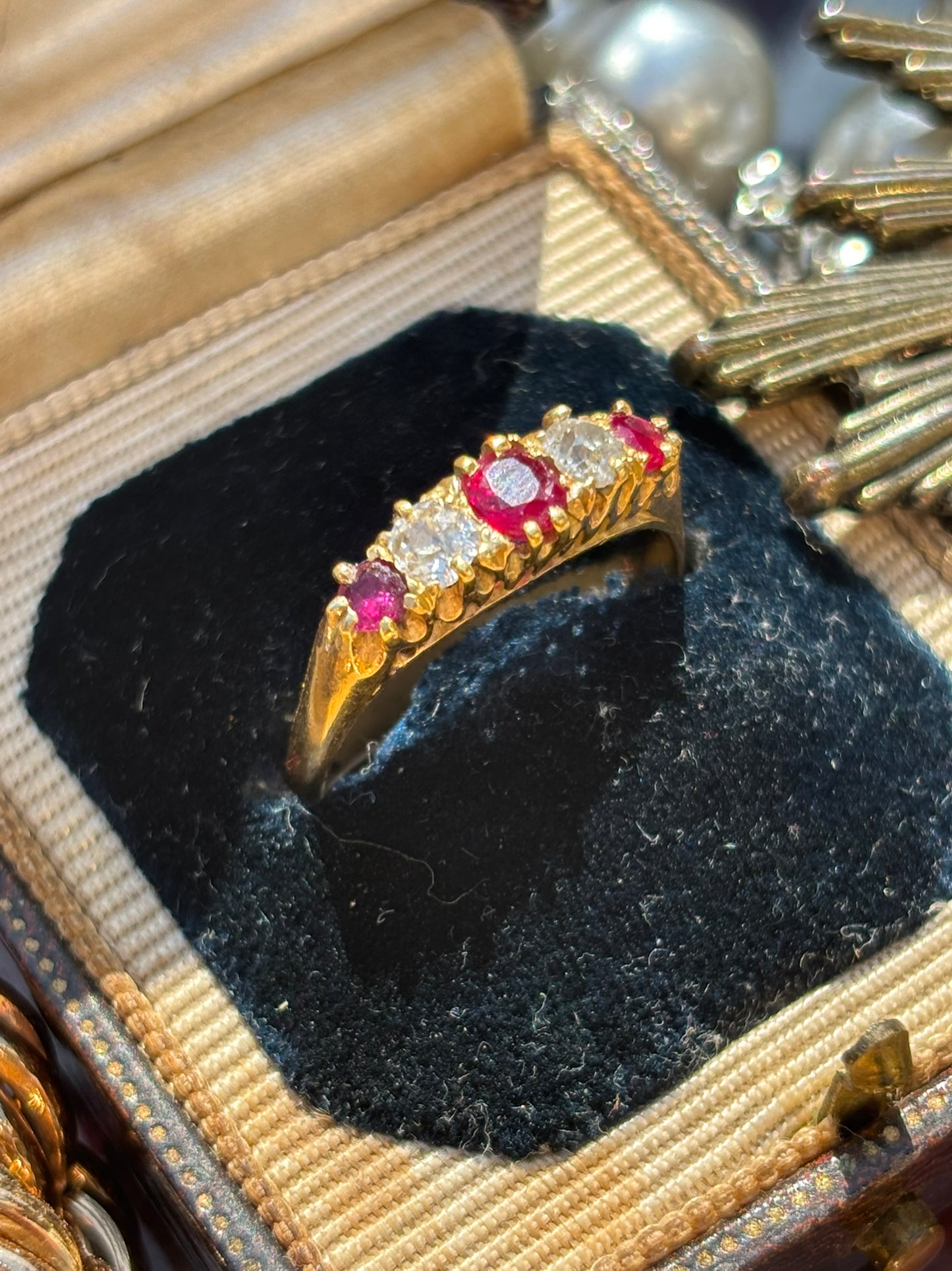 Antique Five Stone Diamond & Ruby Ring, 18k Gold