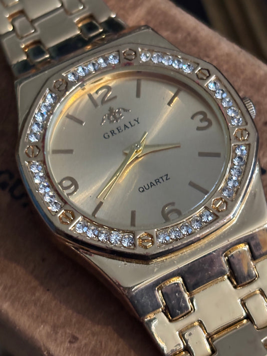 Grealy Quartz CZ Ladies Gold Coloured Retro Watch