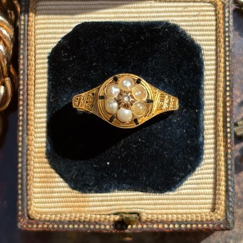 Georgian Mourning Ring with Seed Pearls &amp; Rose-Cut Diamond