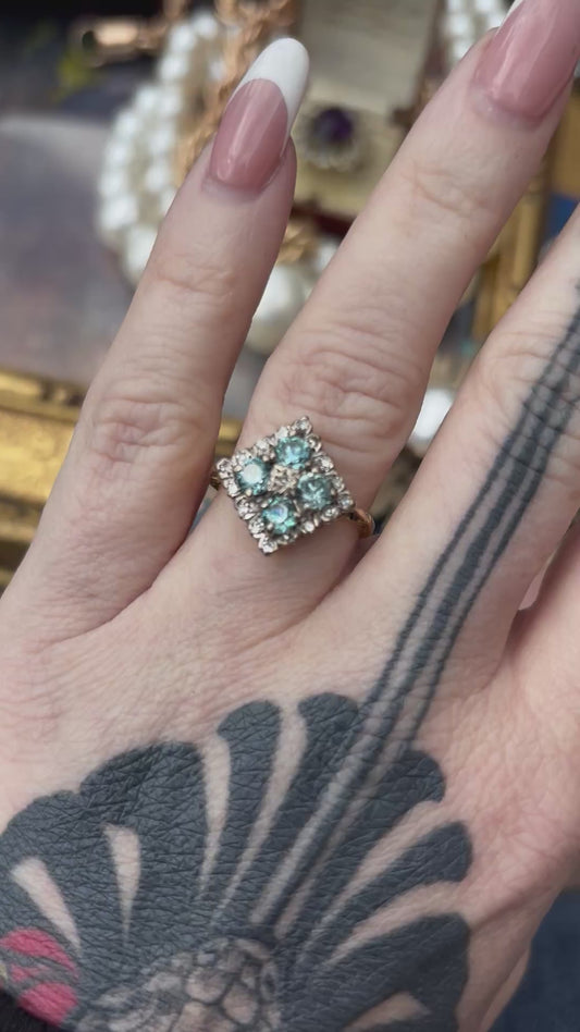 Blue Zircon and Diamond Ring